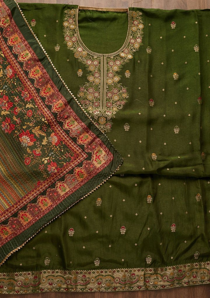 Mehendi Zariwork Semi Crepe Unstitched Salwar Suit-Koskii