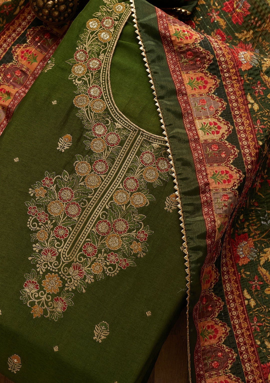 Mehendi Zariwork Semi Crepe Unstitched Salwar Suit-Koskii