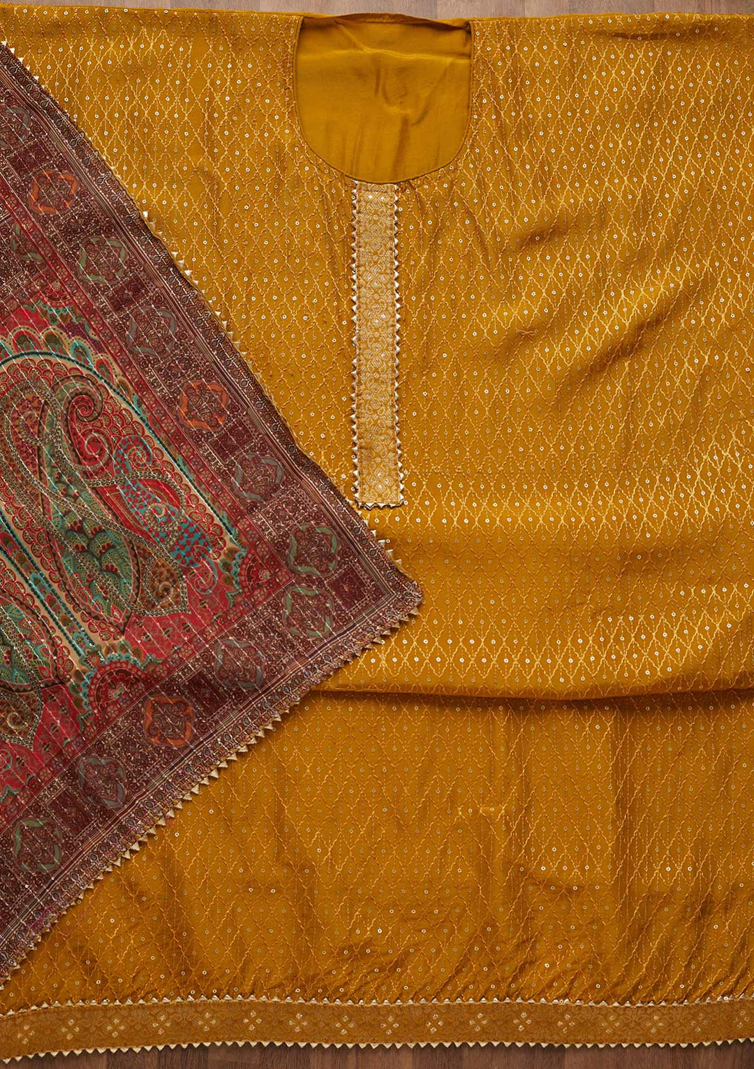 Mehendi Zariwork Semi Crepe Unstitched Salwar Suit-Koskii