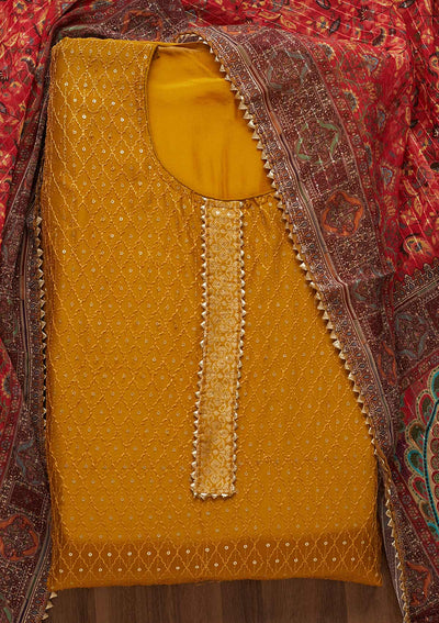 Mehendi Zariwork Semi Crepe Unstitched Salwar Suit-Koskii