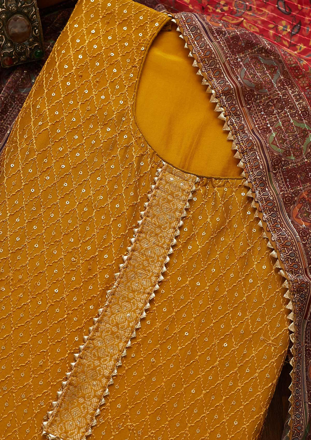 Mehendi Zariwork Semi Crepe Unstitched Salwar Suit-Koskii
