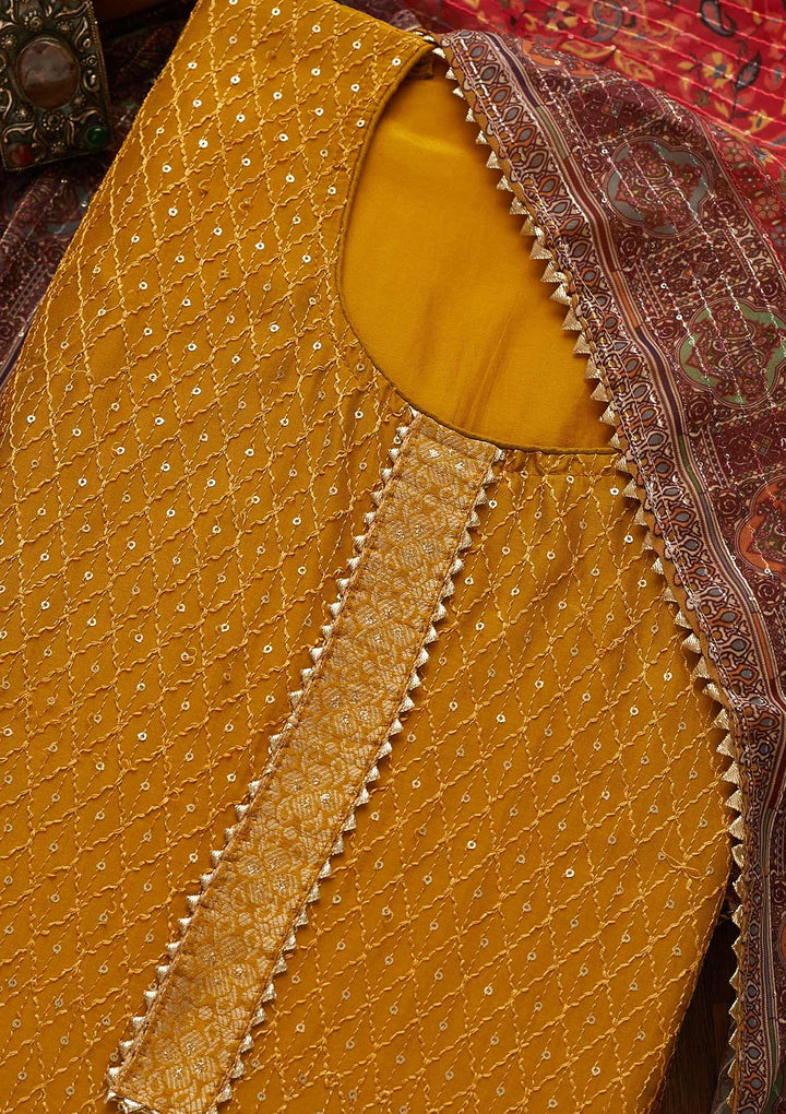 Mehendi Zariwork Semi Crepe Unstitched Salwar Suit-Koskii