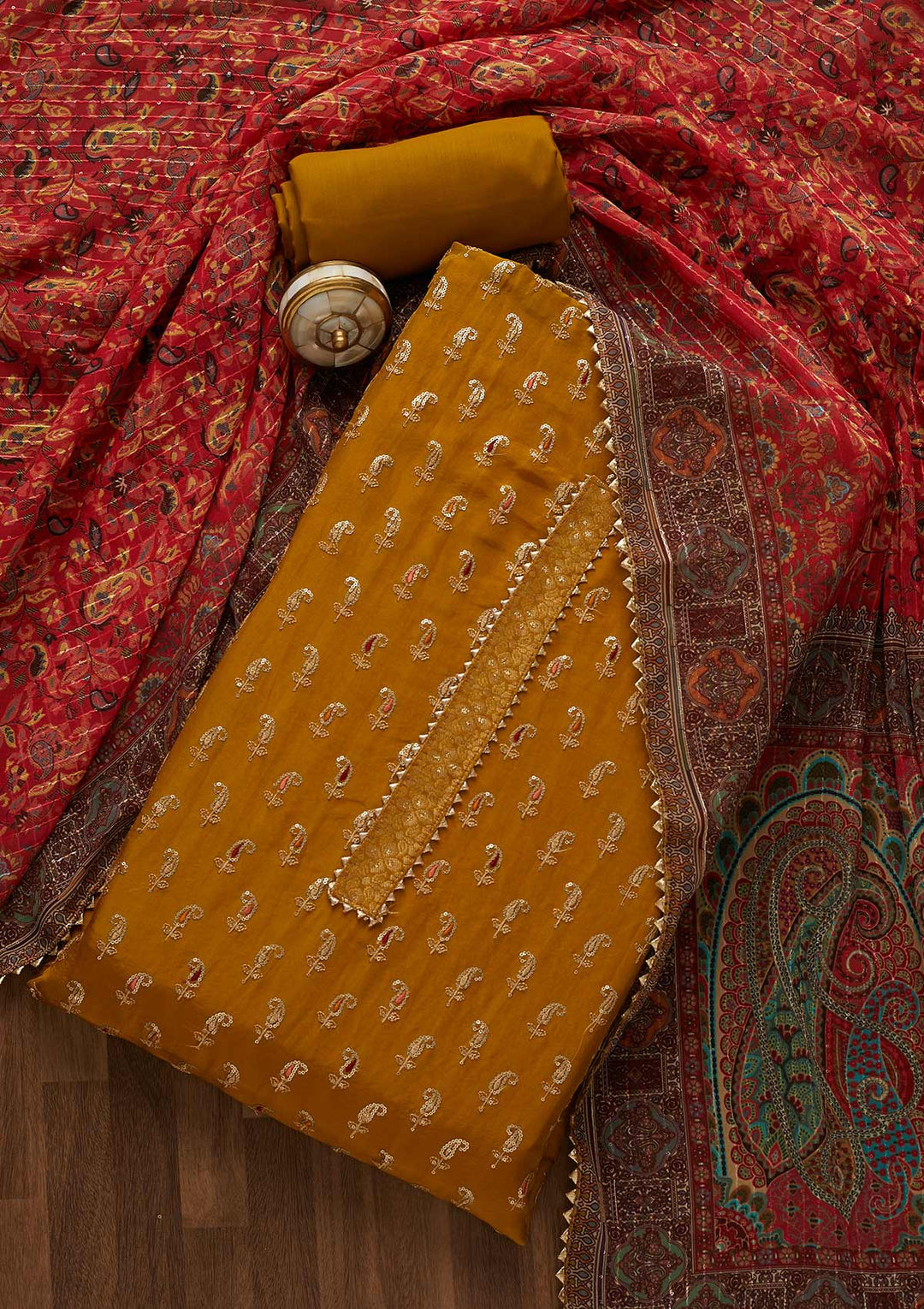 Mehendi Zariwork Semi Crepe Unstitched Salwar Suit-Koskii