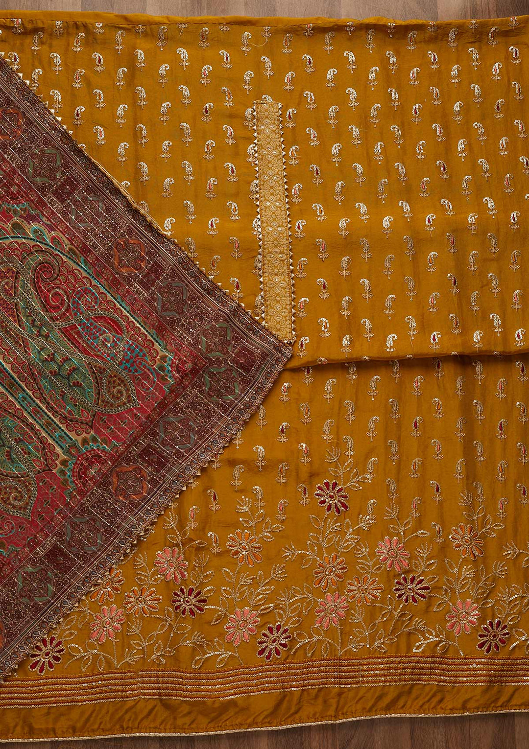 Mehendi Zariwork Semi Crepe Unstitched Salwar Suit-Koskii