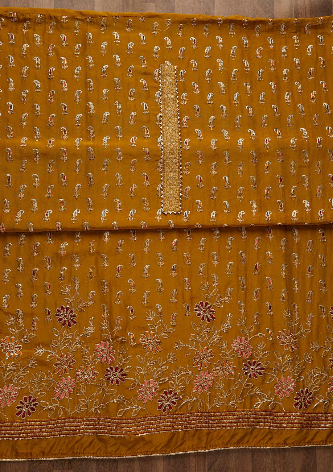 Mehendi Zariwork Semi Crepe Unstitched Salwar Suit-Koskii