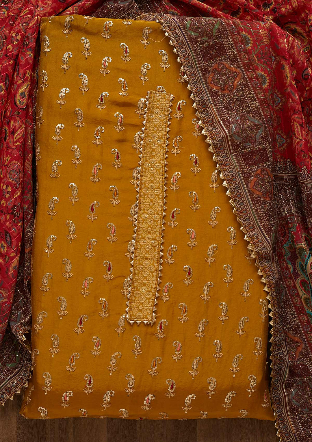 Mehendi Zariwork Semi Crepe Unstitched Salwar Suit-Koskii