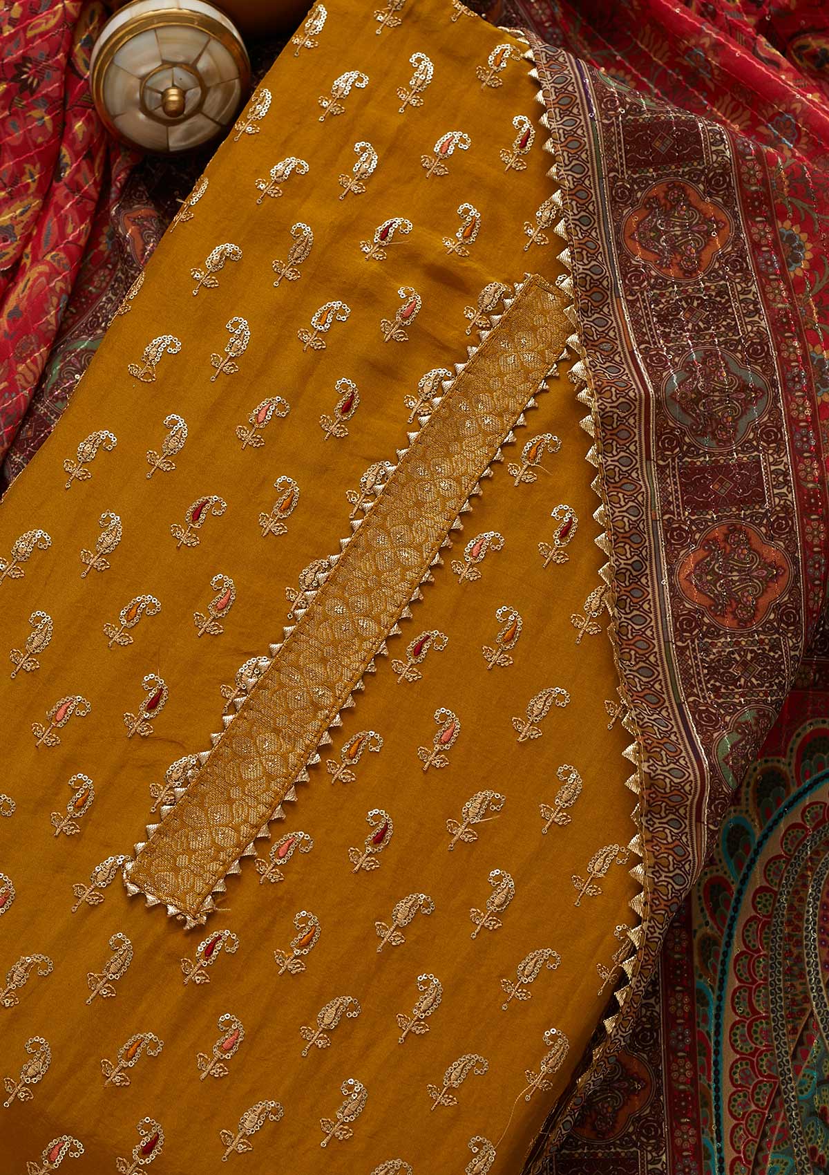 Mehendi Zariwork Semi Crepe Unstitched Salwar Suit-Koskii