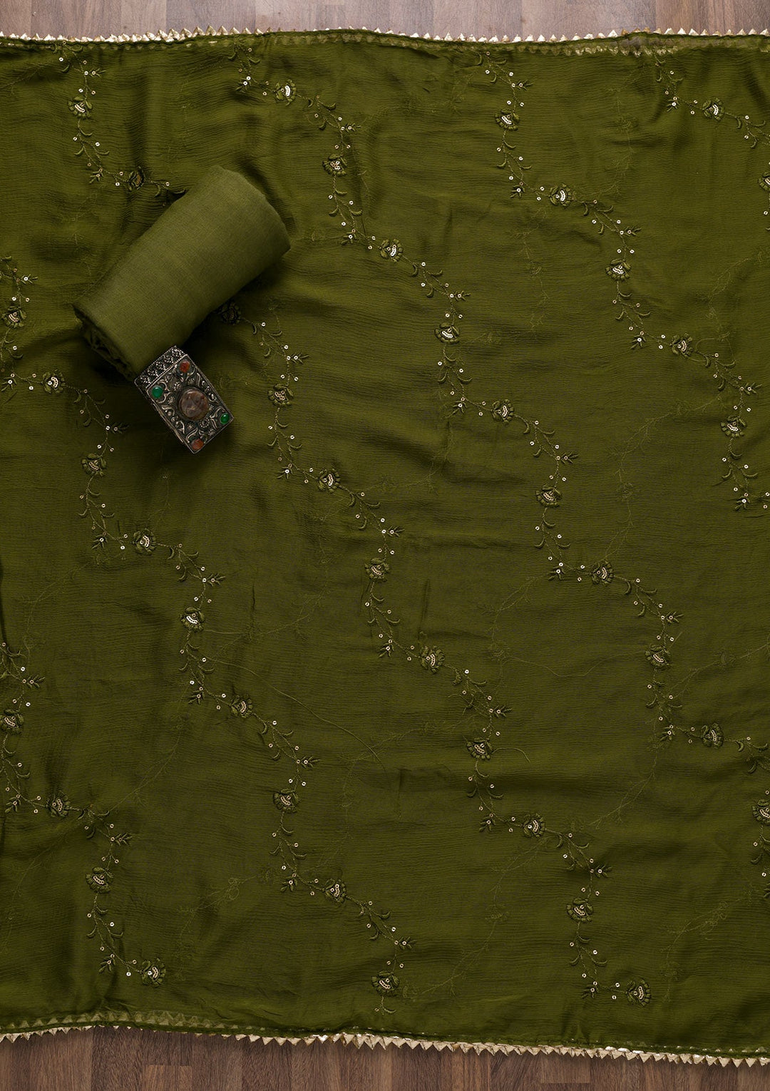 Mehendi Zariwork Semi Crepe Unstitched Salwar Suit-Koskii