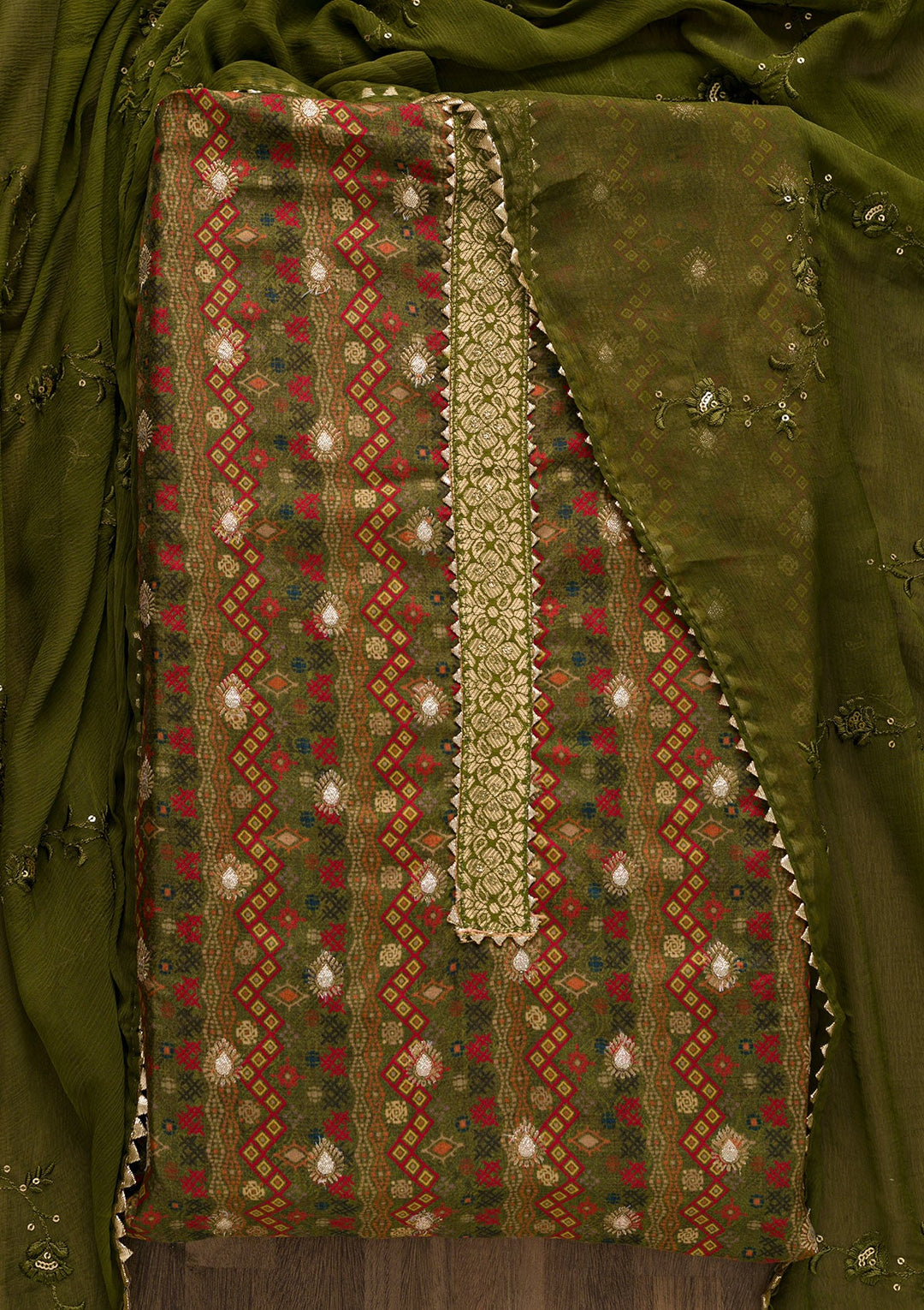 Mehendi Zariwork Semi Crepe Unstitched Salwar Suit-Koskii