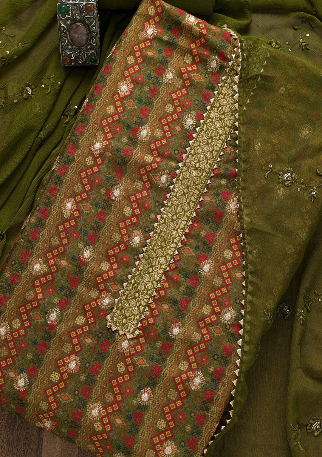 Mehendi Zariwork Semi Crepe Unstitched Salwar Suit-Koskii