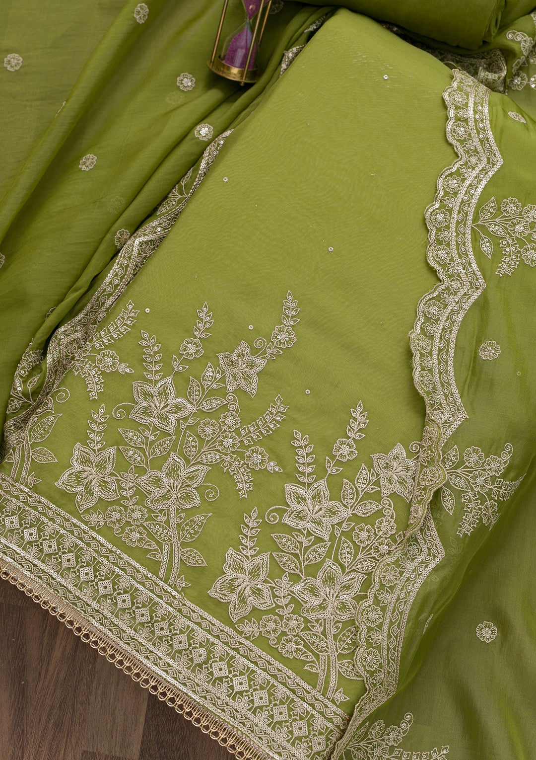 Mehendi Zariwork Tissue Unstitched Salwar Suit-Koskii