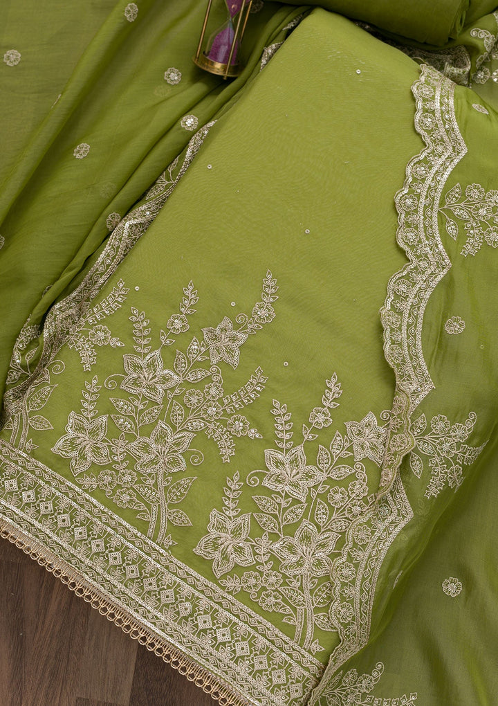 Mehendi Zariwork Tissue Unstitched Salwar Suit-Koskii
