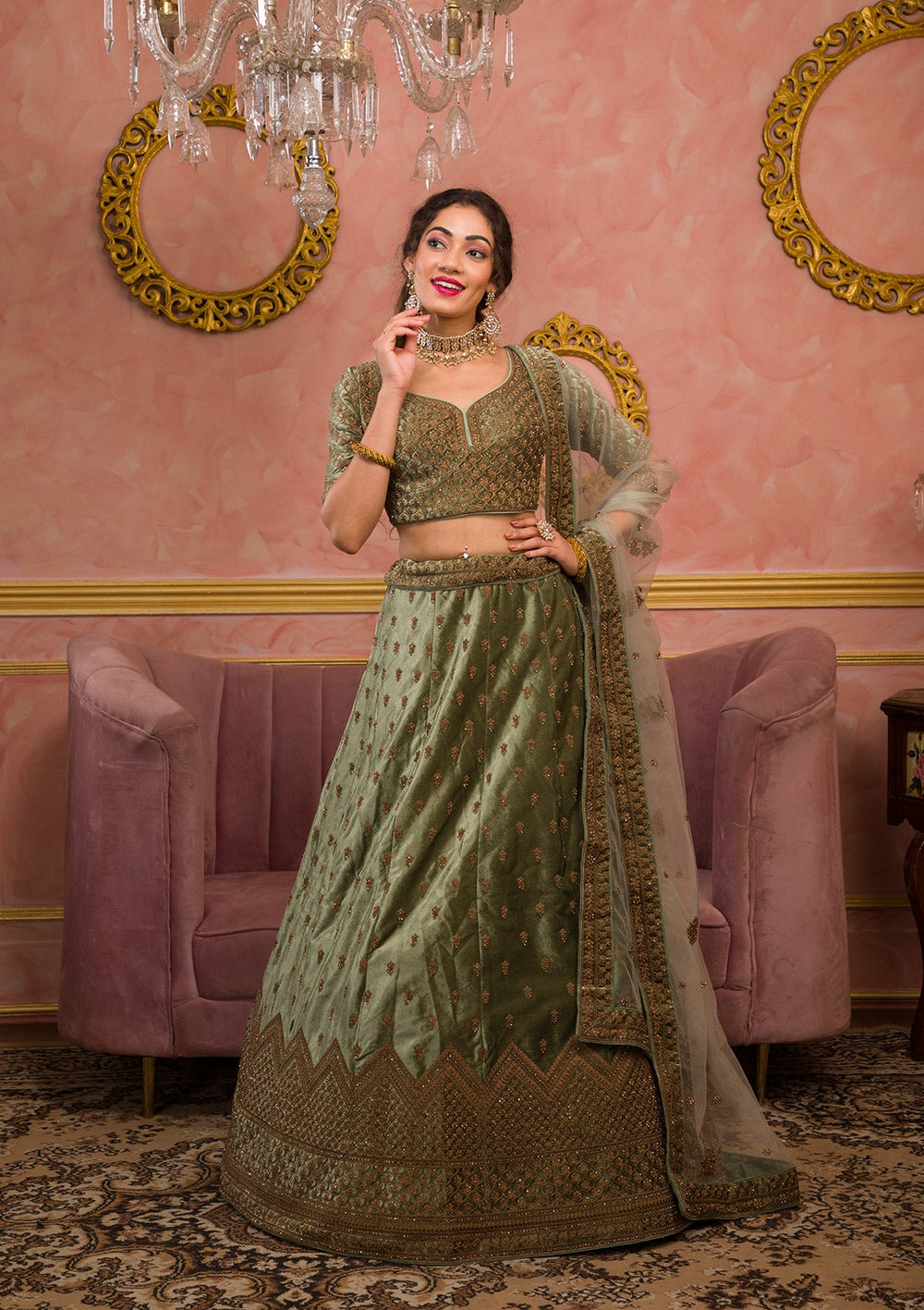 Mehendi Zariwork Velvet Readymade Lehenga-Koskii