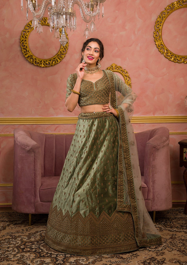 Mehendi Zariwork Velvet Readymade Lehenga-Koskii