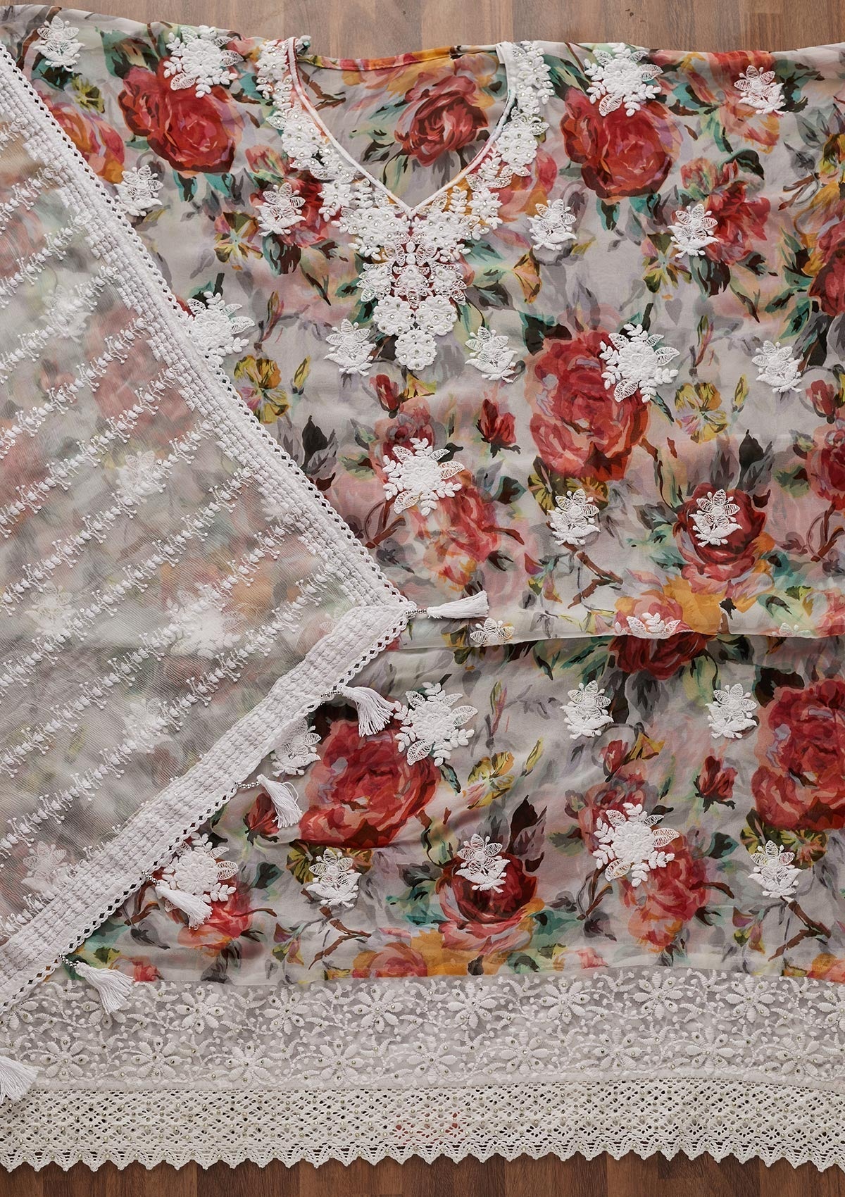 Multi Chikankari Chiffon Designer Unstitched Salwar Suit - Koskii