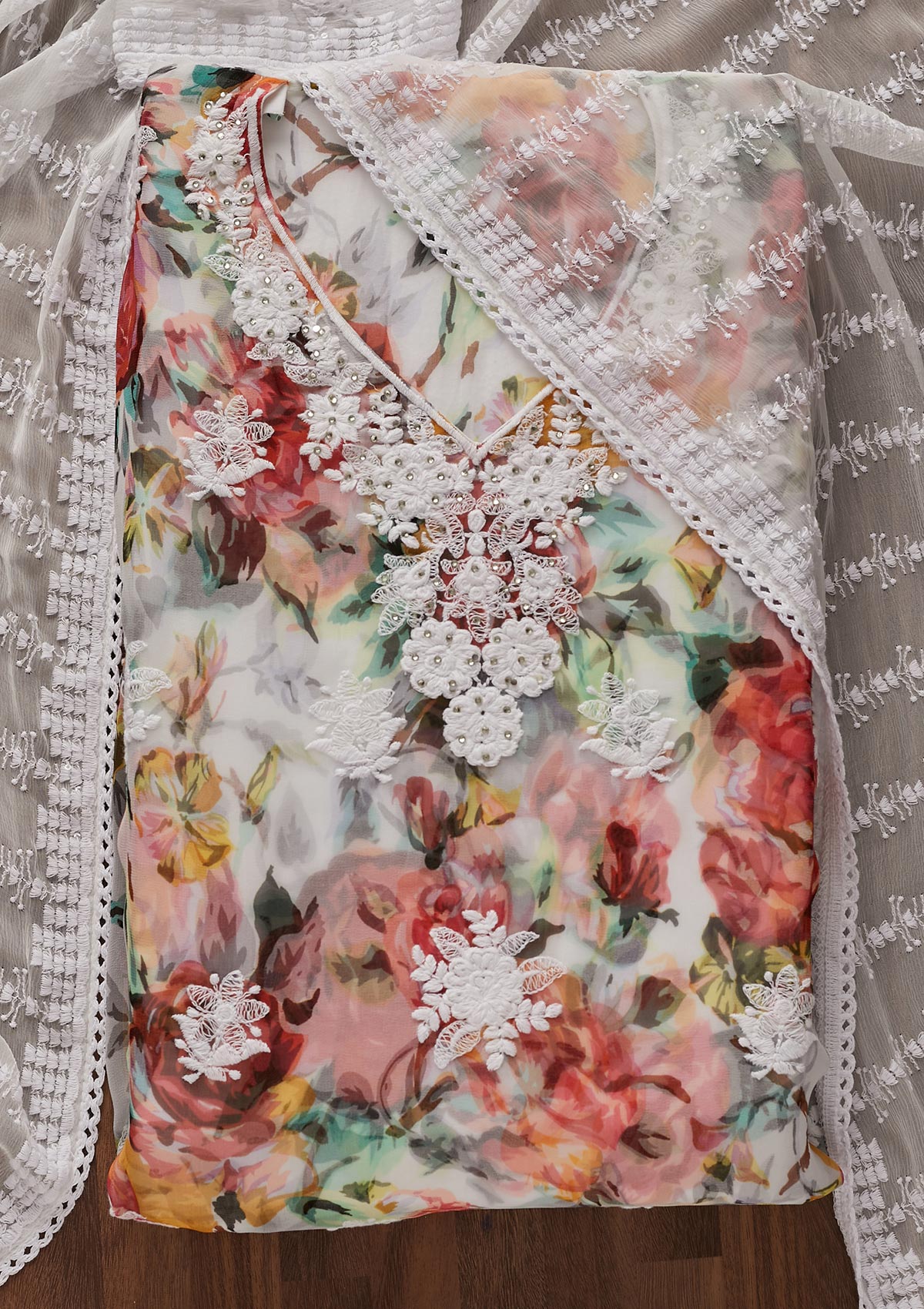 Multi Chikankari Chiffon Designer Unstitched Salwar Suit - Koskii