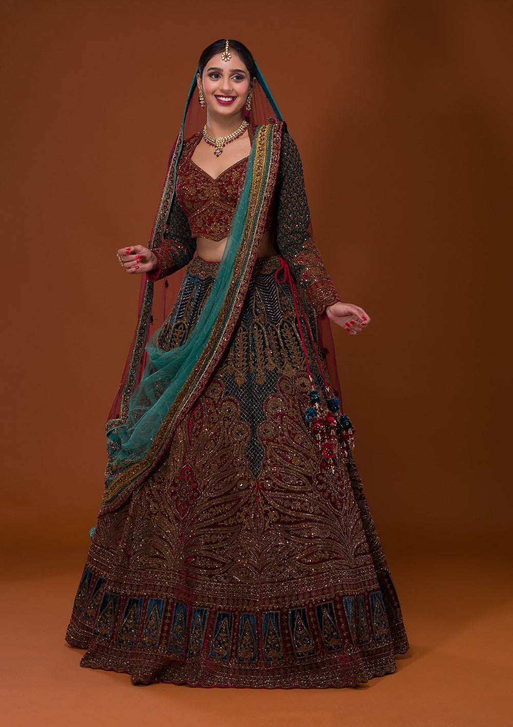 Multi Cutdana Velvet Lehenga-Koskii