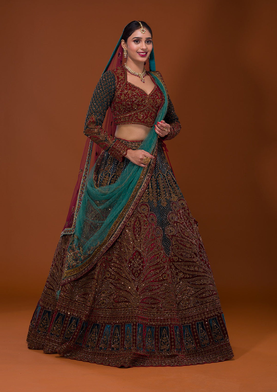 Multi Cutdana Velvet Lehenga-Koskii