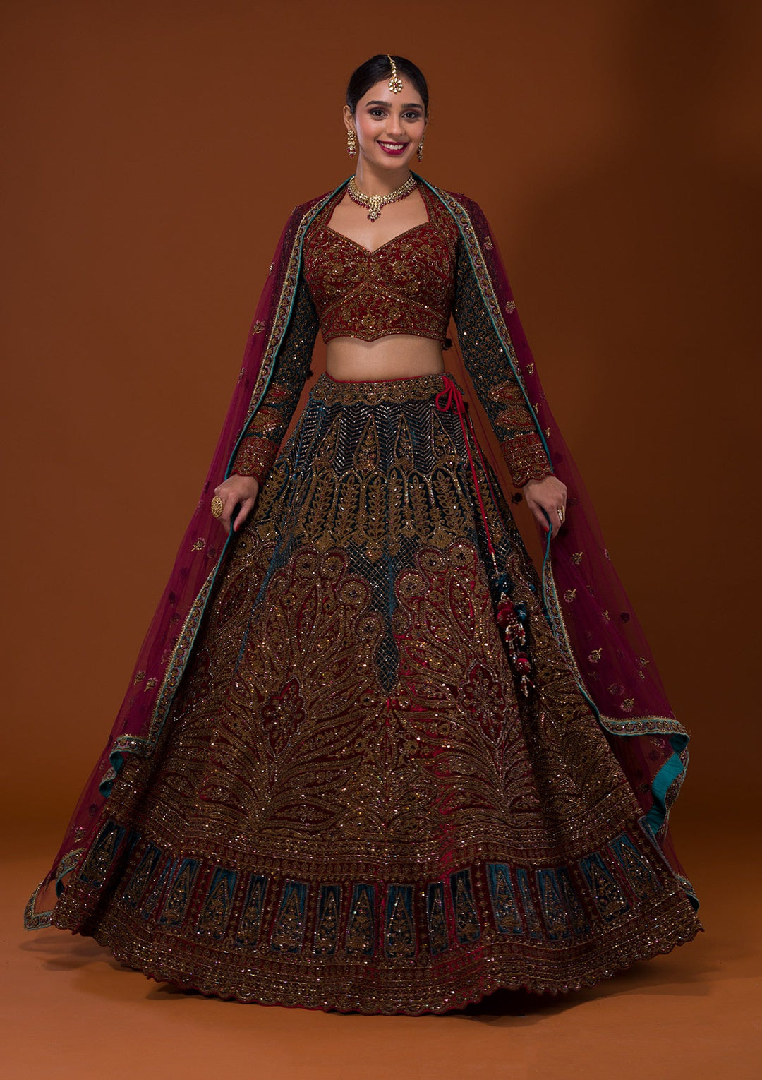 Multi Cutdana Velvet Lehenga-Koskii