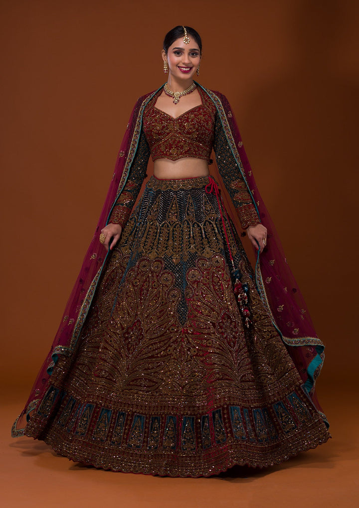 Multi Cutdana Velvet Lehenga-Koskii