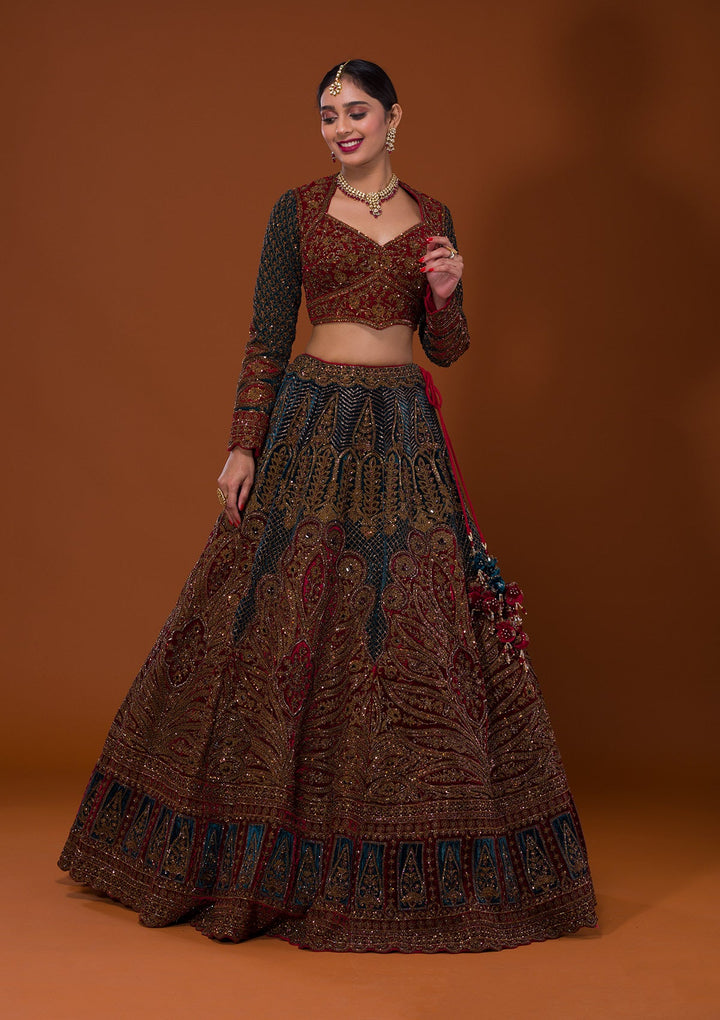 Multi Cutdana Velvet Lehenga-Koskii