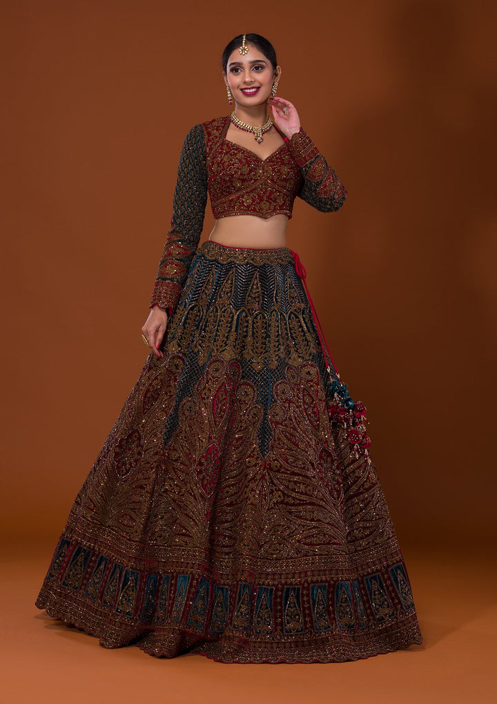 Multi Cutdana Velvet Lehenga-Koskii