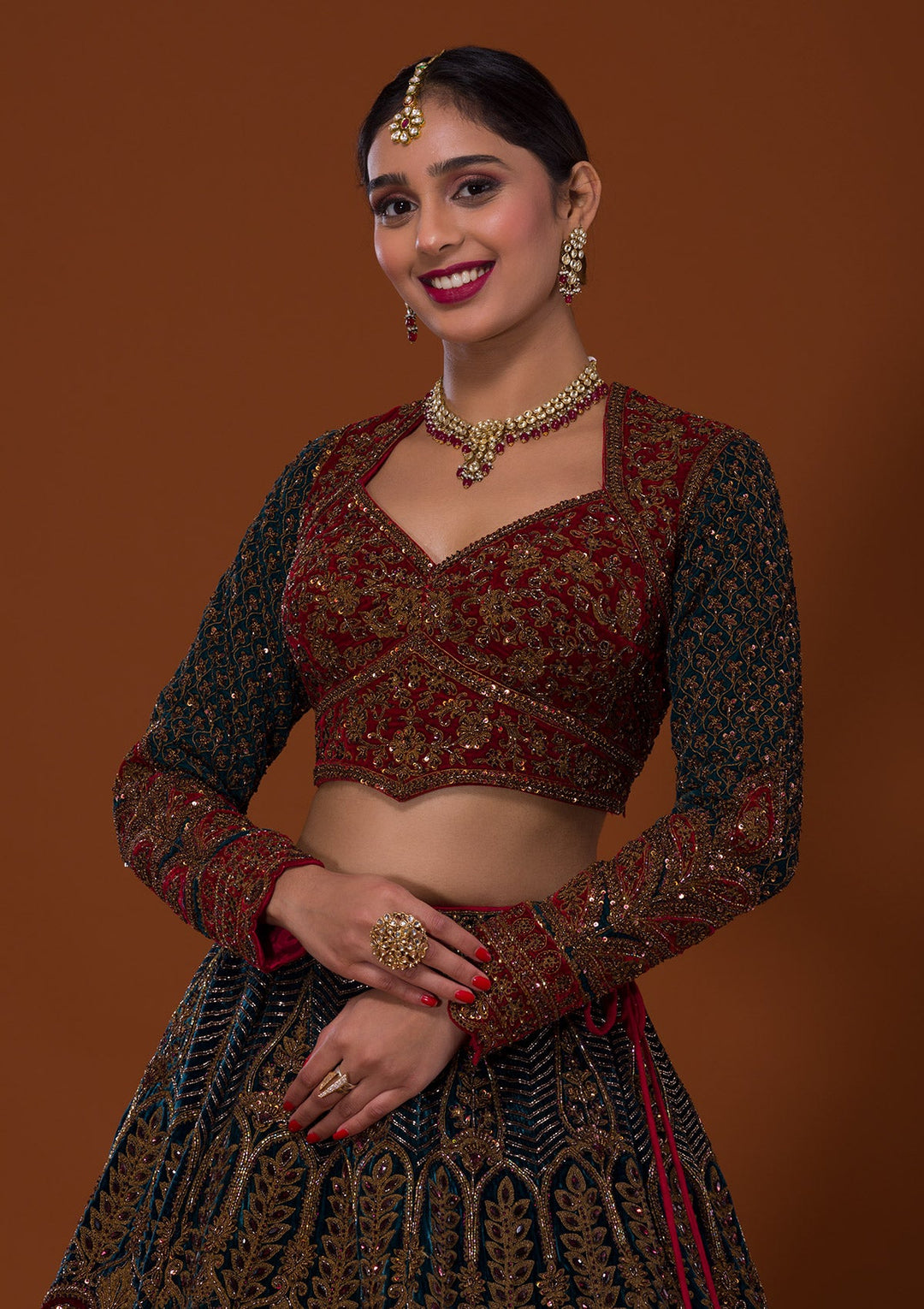 Multi Cutdana Velvet Lehenga-Koskii