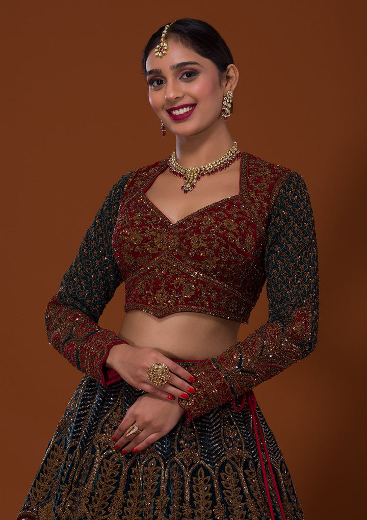 Multi Cutdana Velvet Lehenga-Koskii