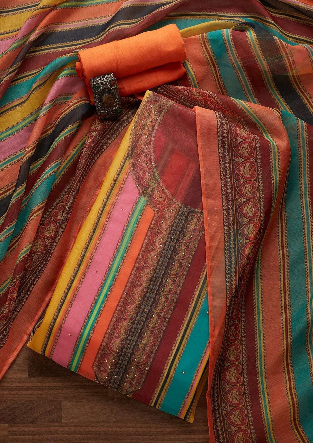 Multi Print Chanderi Designer Unstitched Salwar Suit - Koskii