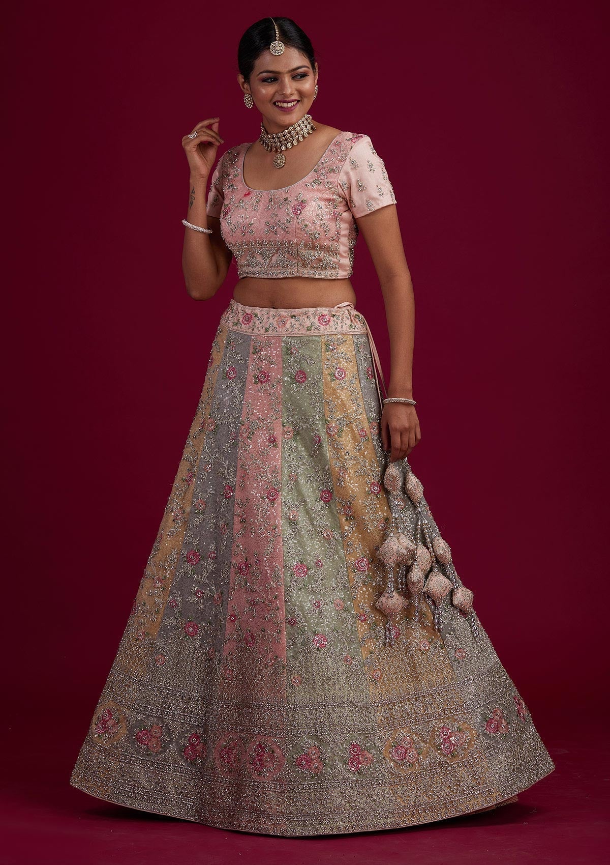 Multi Stonework Velvet Designer Semi-Stitched Lehenga - Koskii