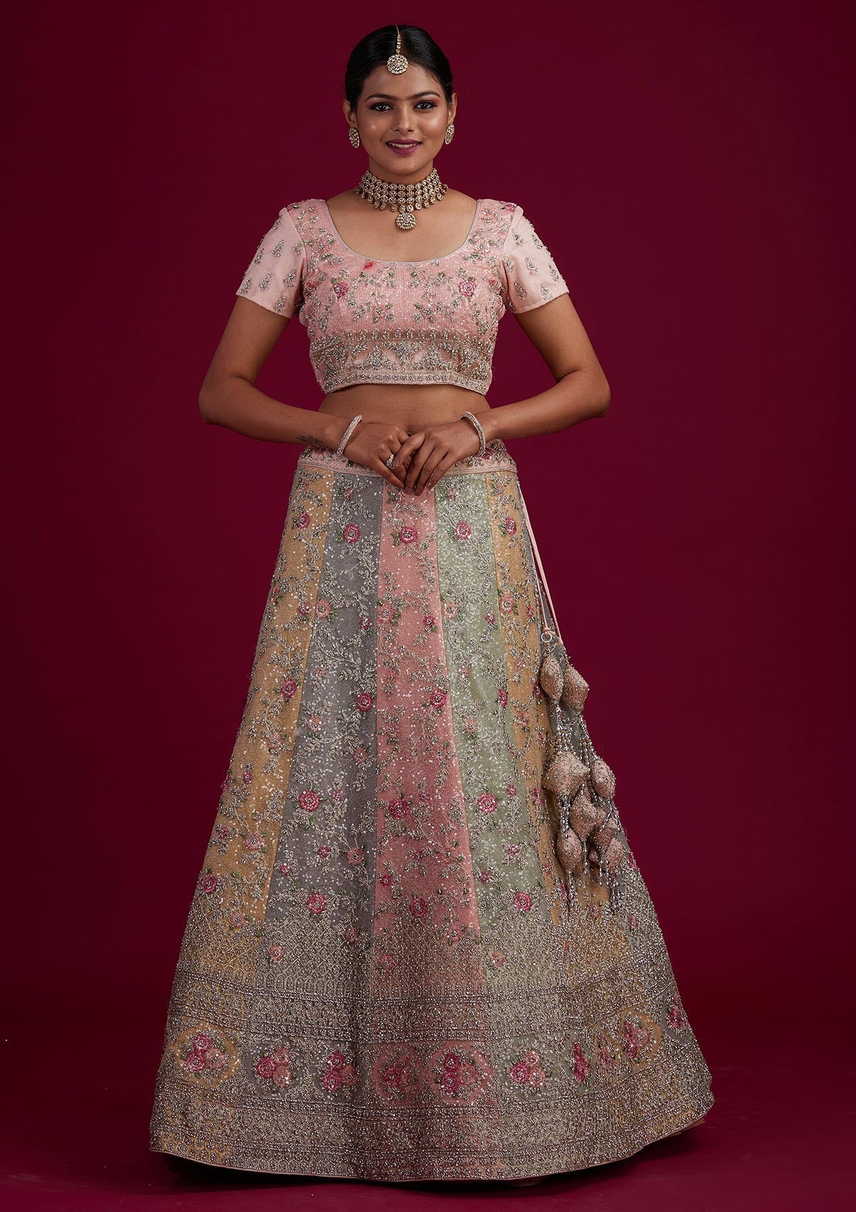 Multi Stonework Velvet Designer Semi-Stitched Lehenga - Koskii
