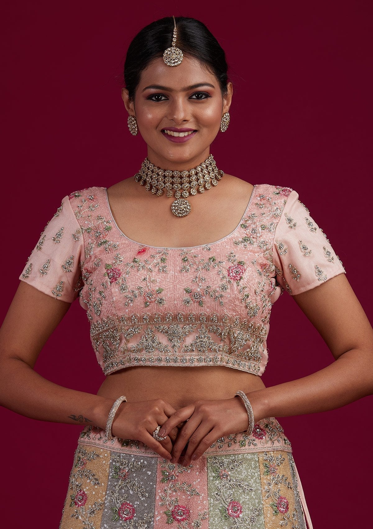Multi Stonework Velvet Designer Semi-Stitched Lehenga - Koskii