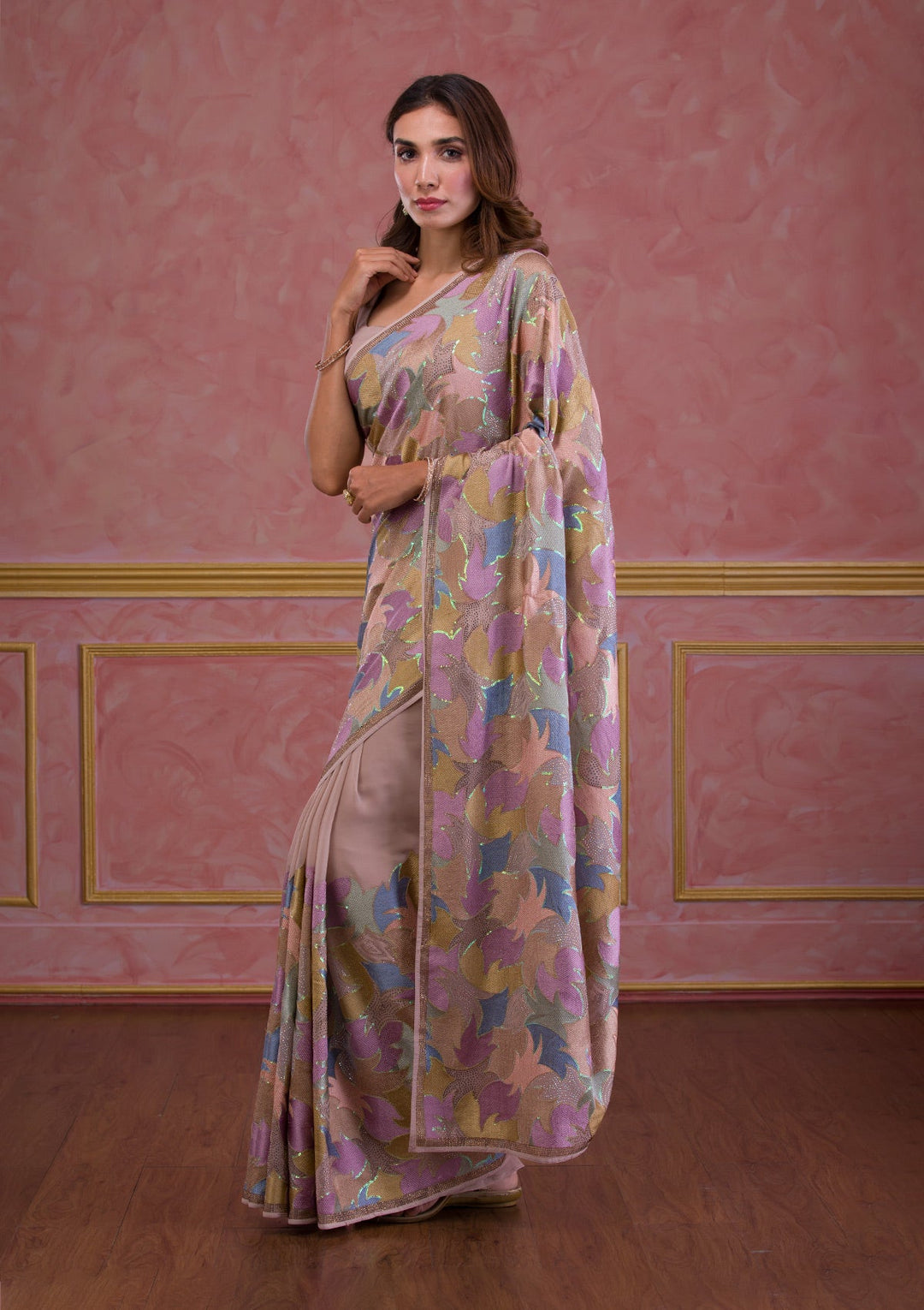 Lavender Mirrorwork Net Designer Saree-Koskii