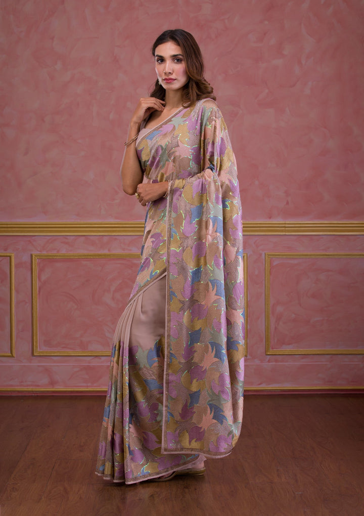 Lavender Mirrorwork Net Designer Saree-Koskii