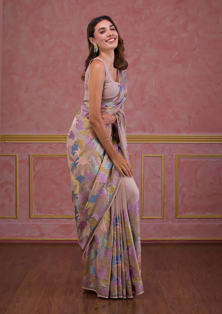 Lavender Mirrorwork Net Designer Saree-Koskii