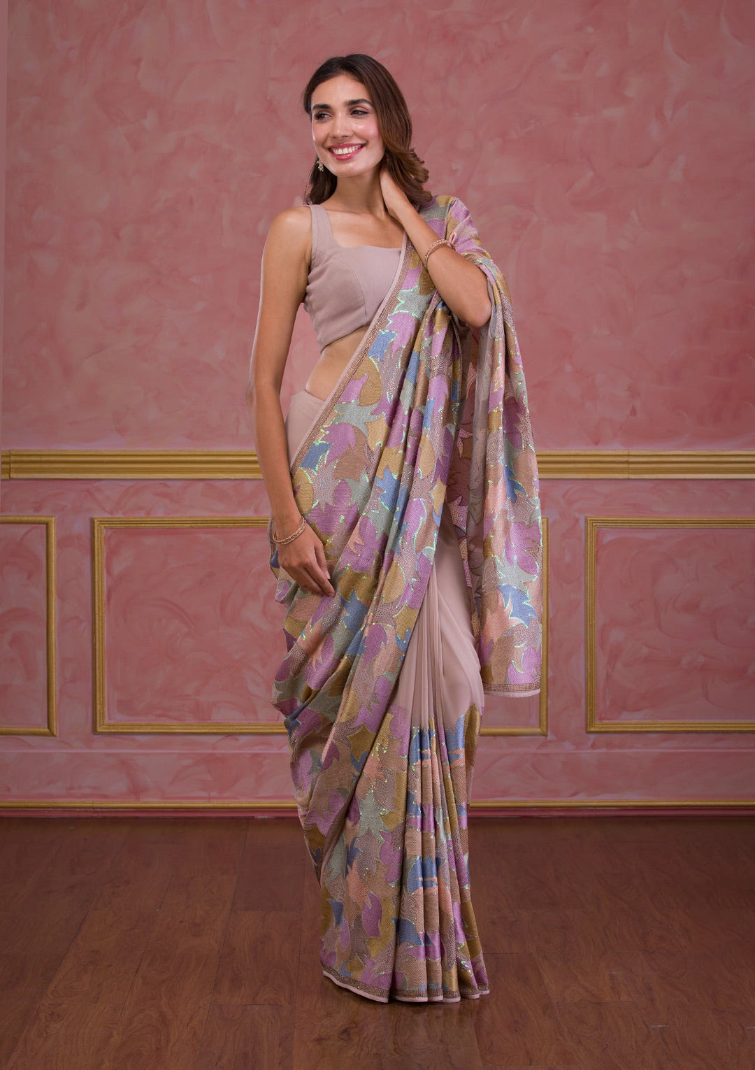 Lavender Mirrorwork Net Designer Saree-Koskii