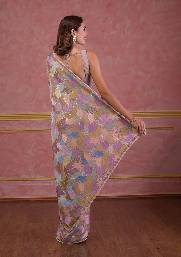 Lavender Mirrorwork Net Designer Saree-Koskii