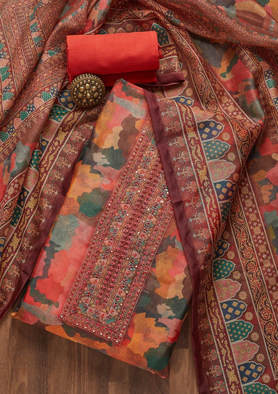 Multi Threadwork Chanderi Semi-Stitched Salwar Suit- Koskii