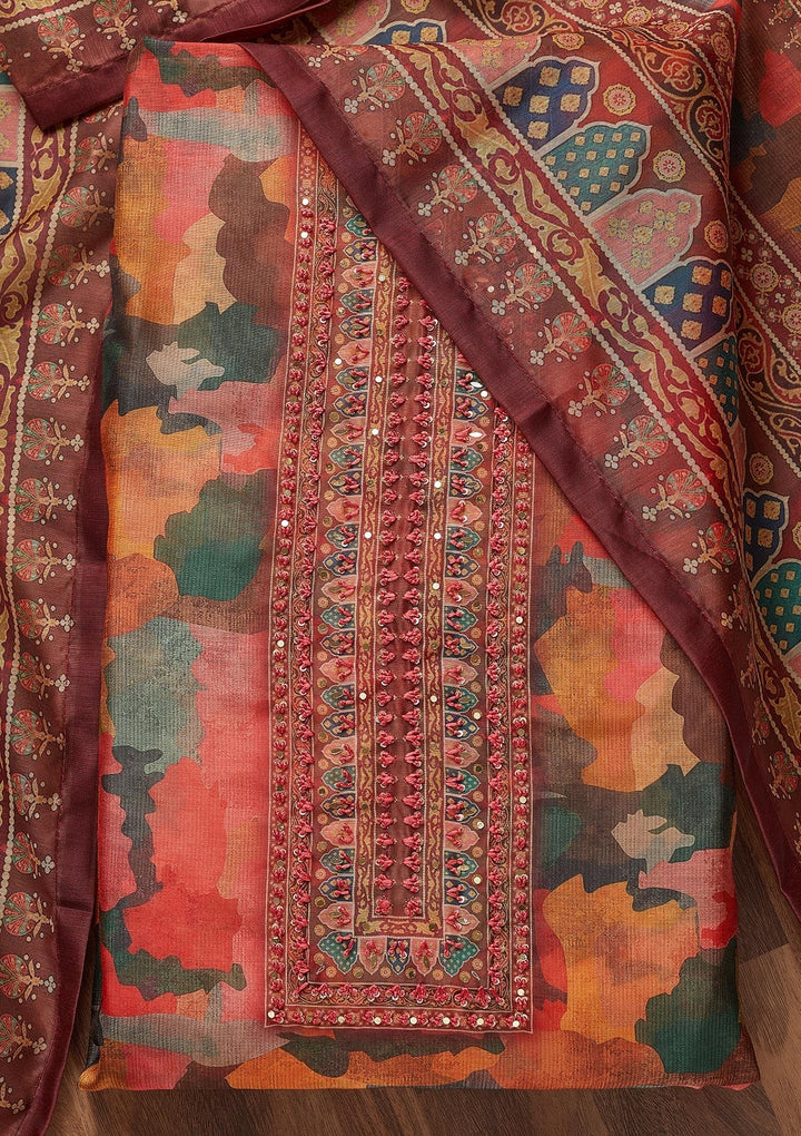Multi Threadwork Chanderi Semi-Stitched Salwar Suit - Koskii