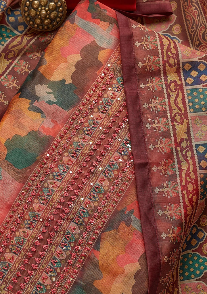 Multi Threadwork Chanderi Semi-Stitched Salwar Suit - Koskii