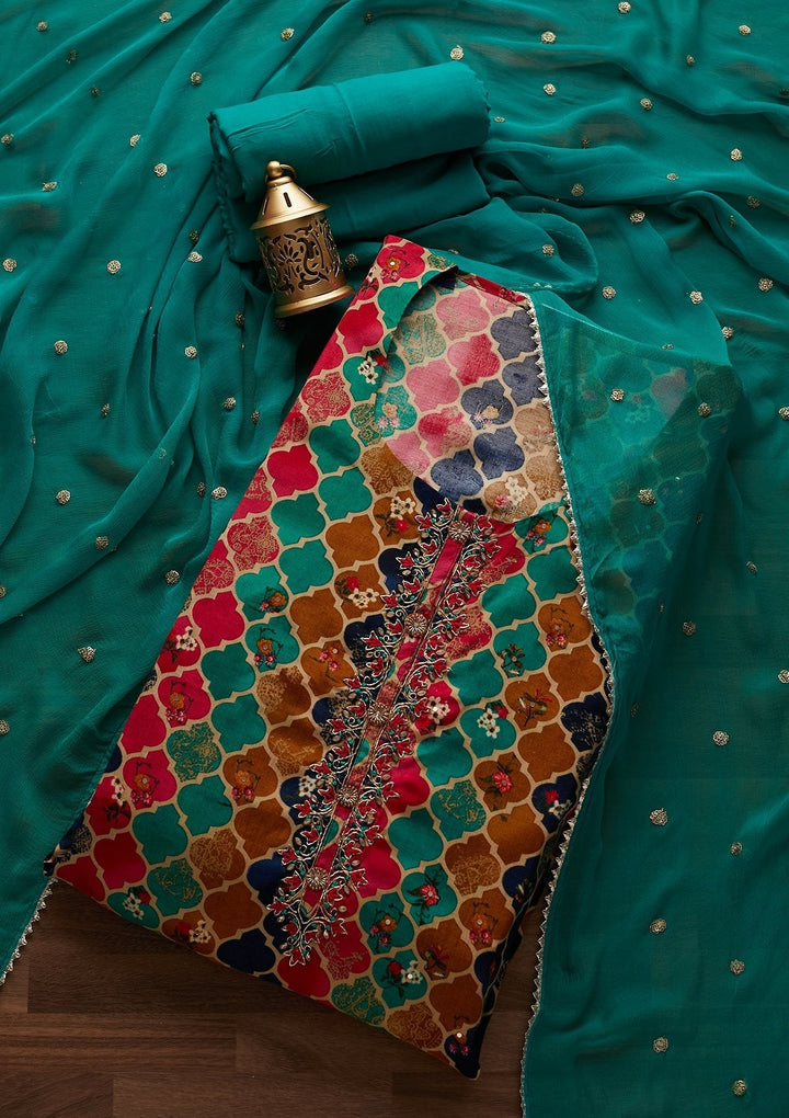 Multi Threadwork Semi Crepe Designer Unstitched Salwar Suit - Koskii