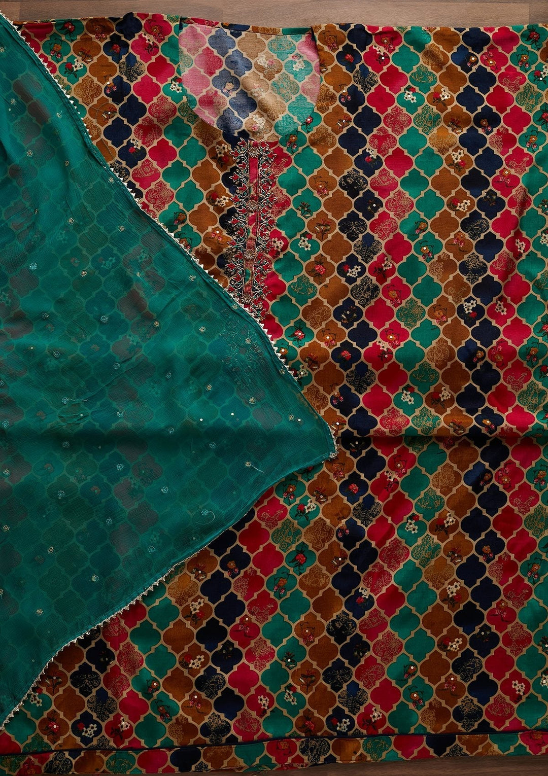 Multi Threadwork Semi Crepe Designer Unstitched Salwar Suit - Koskii