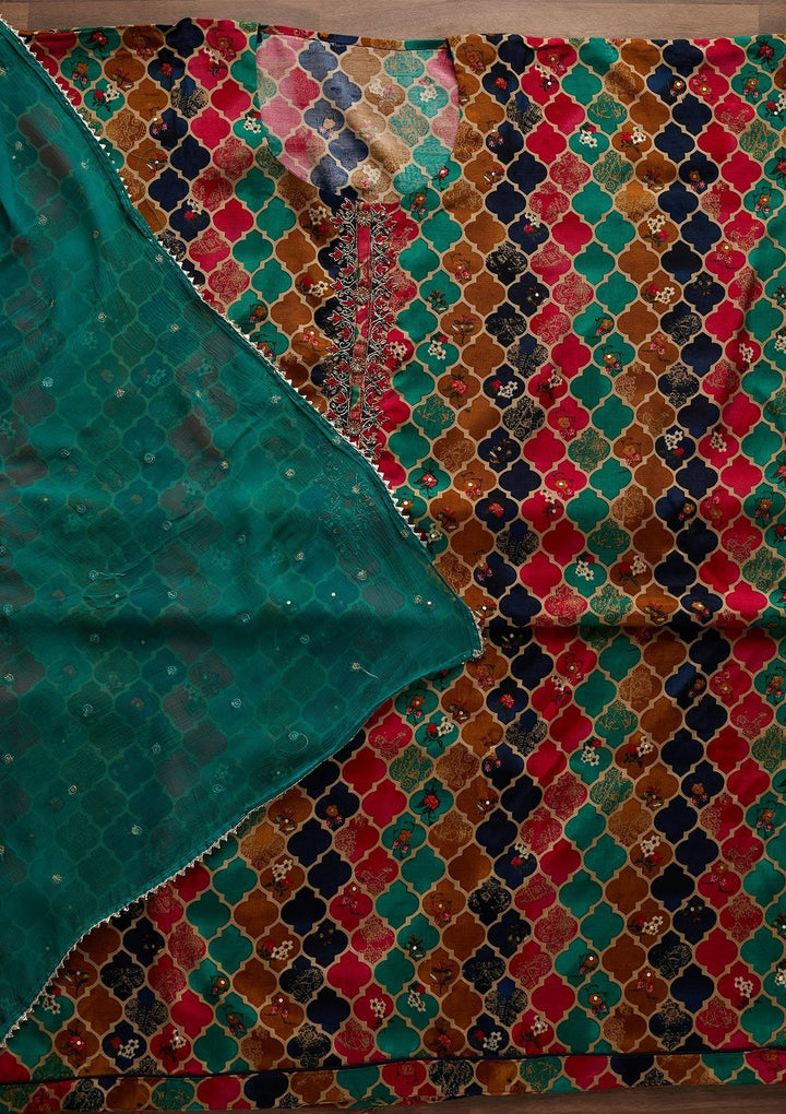 Multi Threadwork Semi Crepe Designer Unstitched Salwar Suit - Koskii
