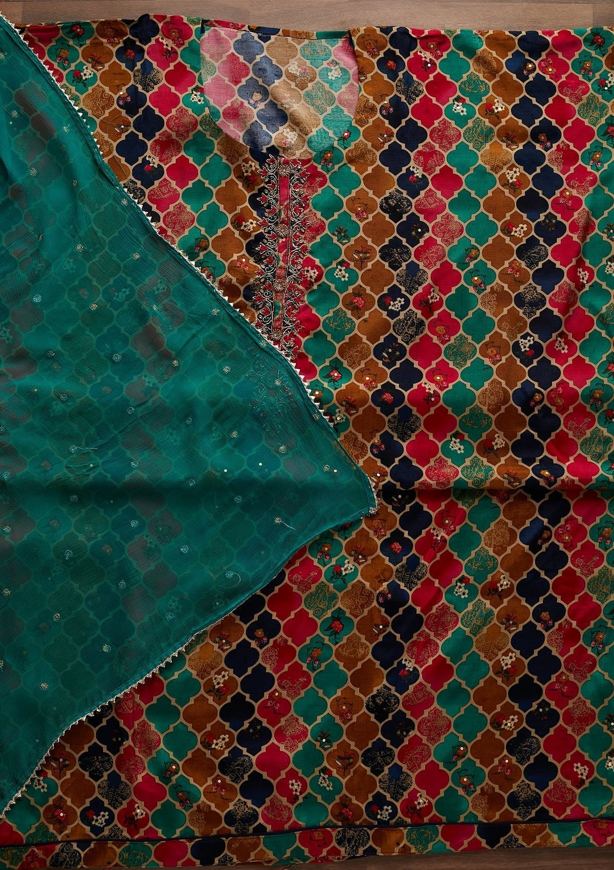Multi Threadwork Semi Crepe Designer Unstitched Salwar Suit - Koskii