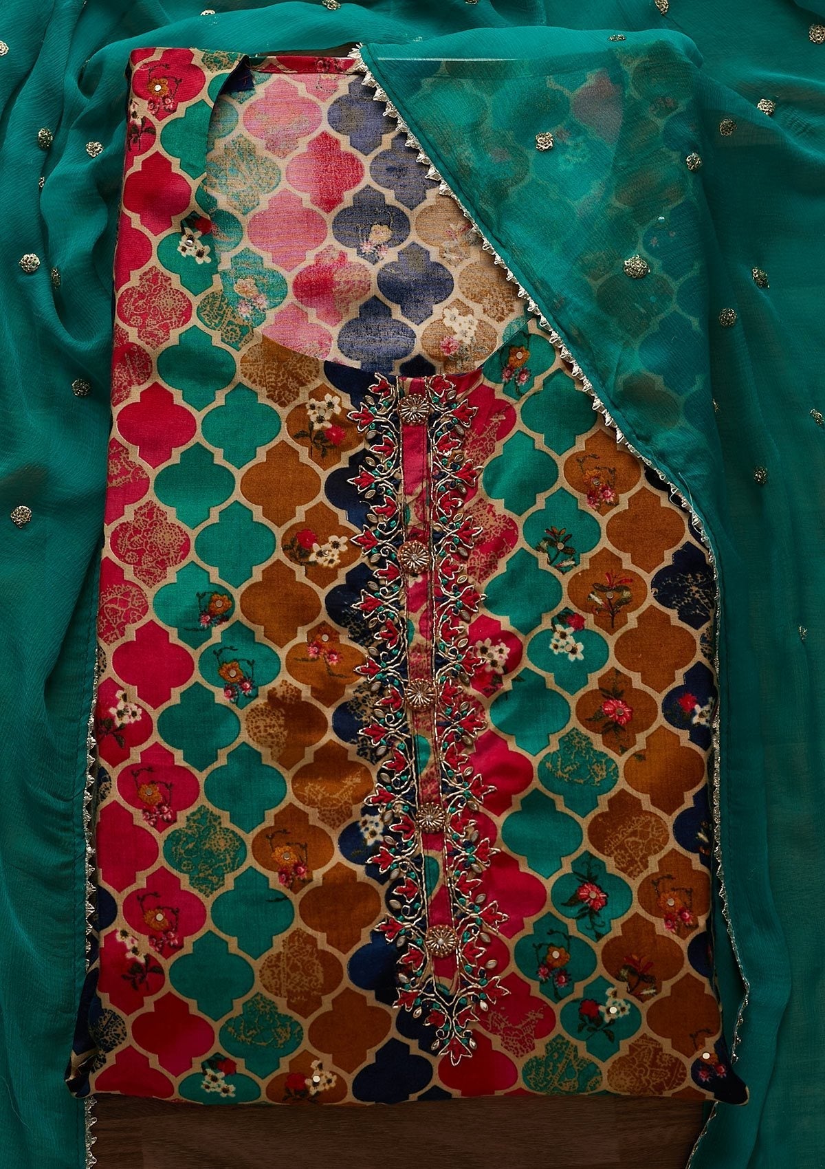 Multi Threadwork Semi Crepe Designer Unstitched Salwar Suit - Koskii