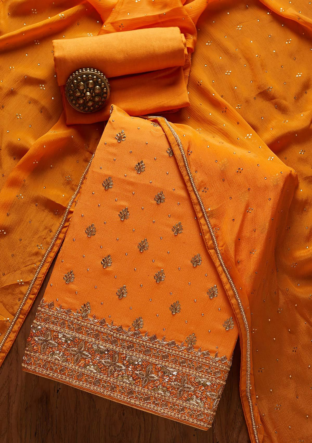 Mustard Badla Semi Crepe Designer Unstitched Salwar Suit - koskii