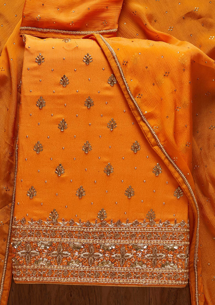 Mustard Badla Semi Crepe Designer Unstitched Salwar Suit - koskii