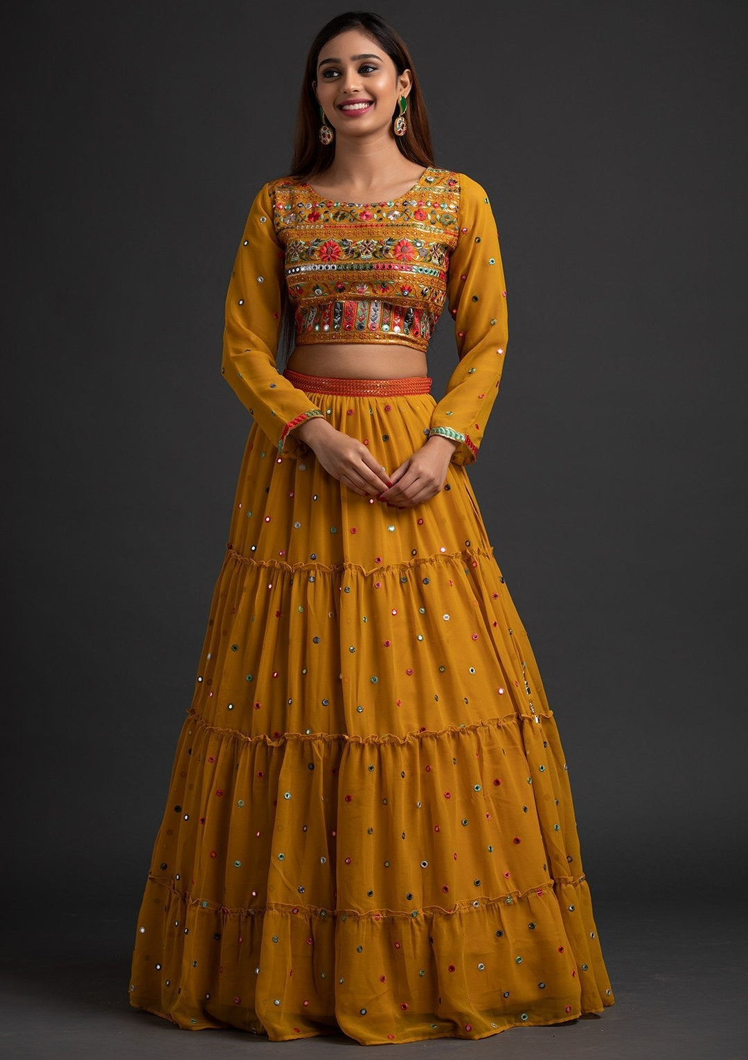 Mustard Chikankari Georgette Designer Lehenga - koskii