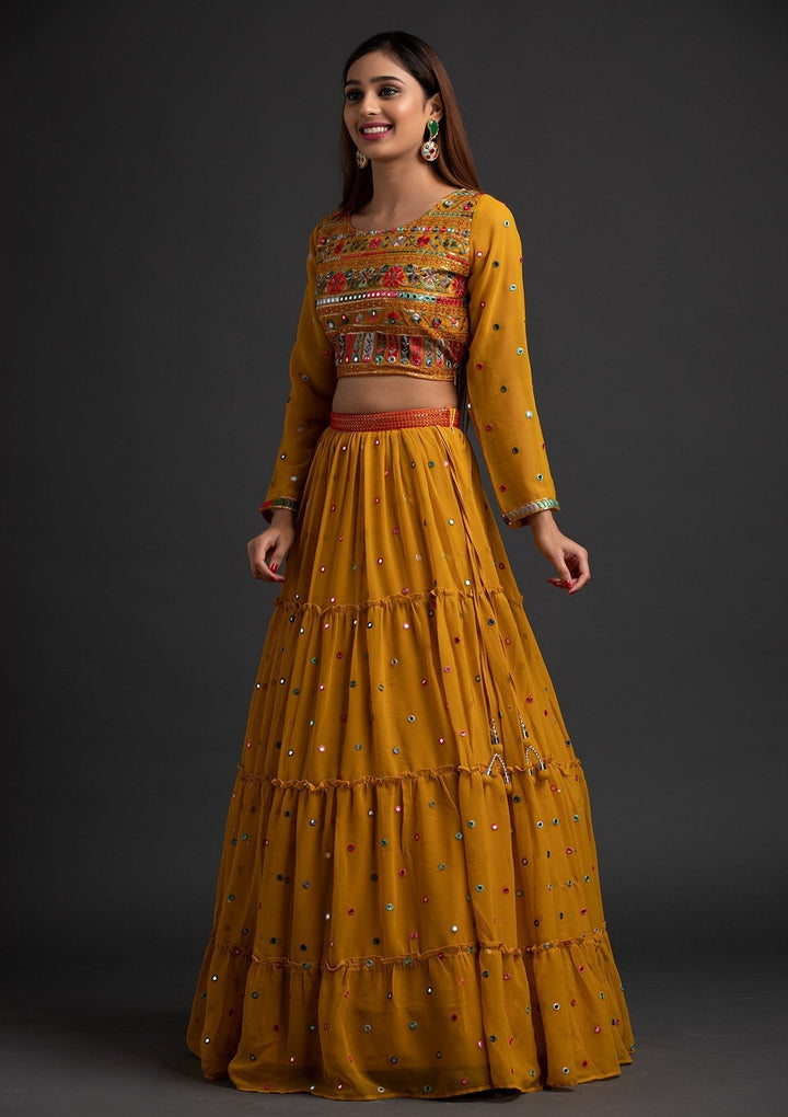 Mustard Chikankari Georgette Designer Lehenga - koskii