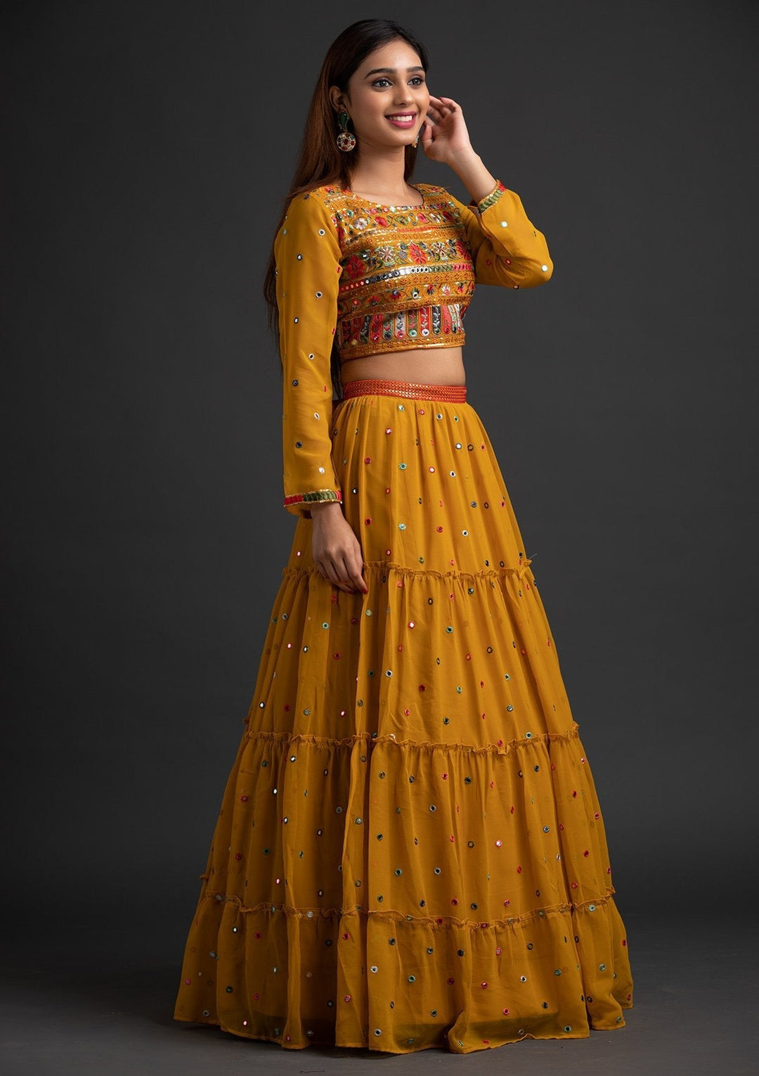 Mustard Chikankari Georgette Designer Lehenga - koskii